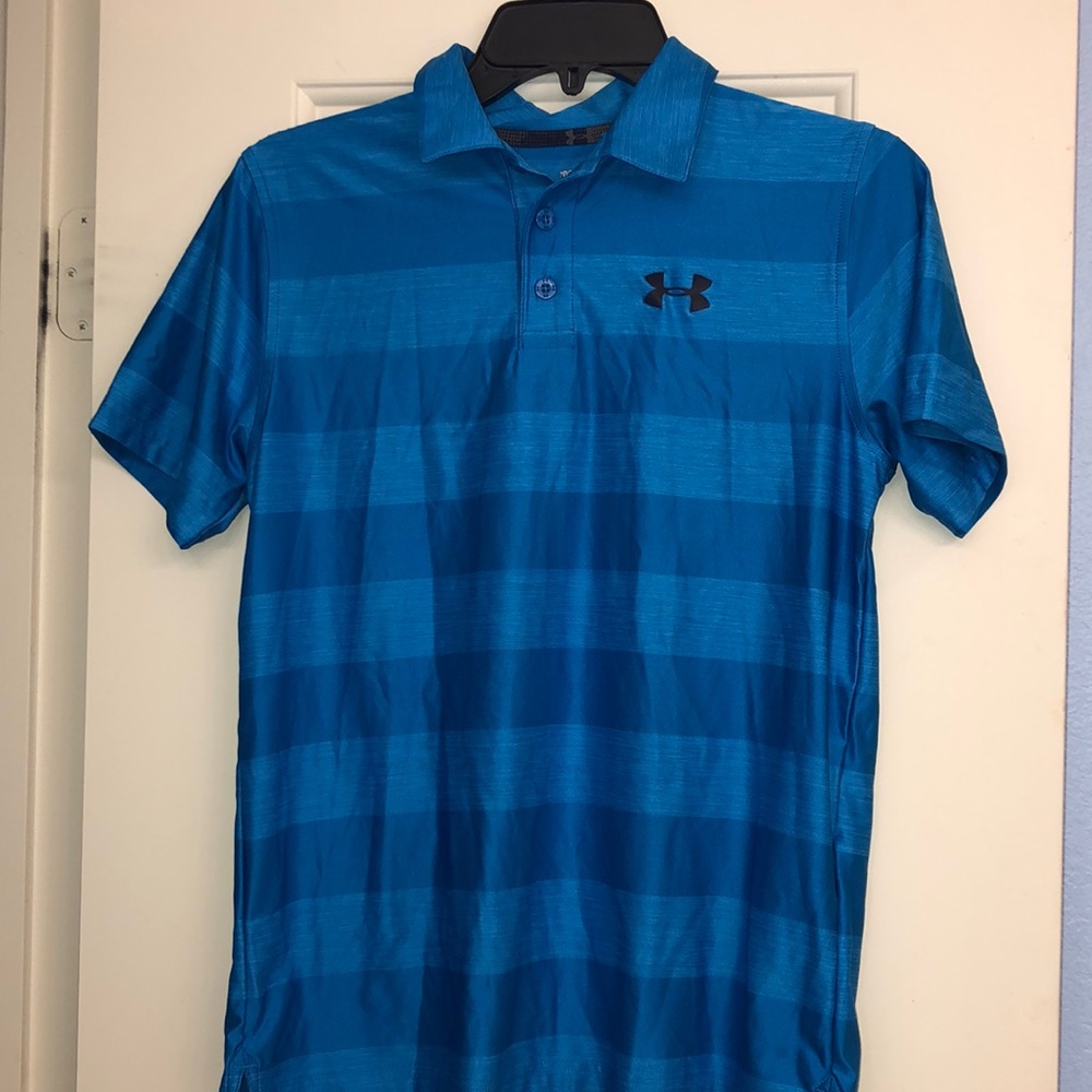 Under Armour polo golf shirt blue on blue wide stripe YLG L